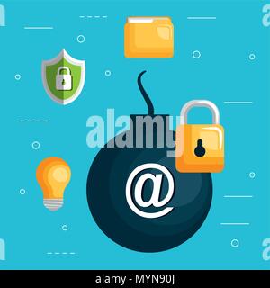 bomb explosive with internet security icons vector illustration design Stock Vector