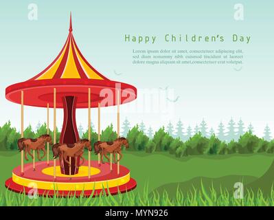Happy children day card with horse carousel Vector. detailed illustration Stock Vector