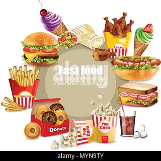 Fast food meals set Vector. Realistic detailed collection banner with hotdog, burger, sanwich, french fries, donuts, ice cream, pop corn Stock Vector