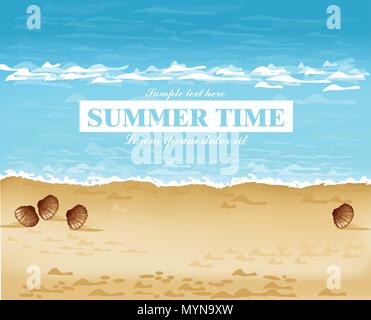Beach shore summer card Vector. Waves, blue sea and Sand background Stock Vector