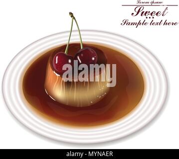 Panna cotta dessert Vector. Sweet breakfast with cherry on white plate Stock Vector