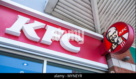 KFC sign and logo at the branch in Thornaby,England,UK Stock Photo