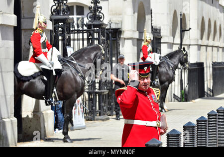Member of the Grenadier Guards at the entrance to Horse Guards Parade, Whitehall, London, England, UK. Stock Photo