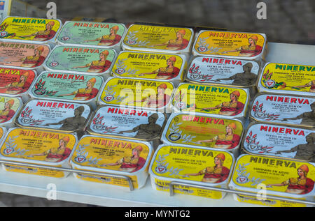 Aveiro, Portugal - August 09, 2017: Sardines in cans on a shelf in a shop. Portuguese souvenir Stock Photo