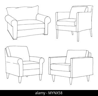 Set of different soft armchairs. Linear sketch. Vector illustration. Stock Vector