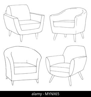 Set of different soft armchairs. Linear sketch. Vector illustration. Stock Vector