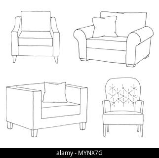 Set of different soft armchairs. Linear sketch. Vector illustration. Stock Vector