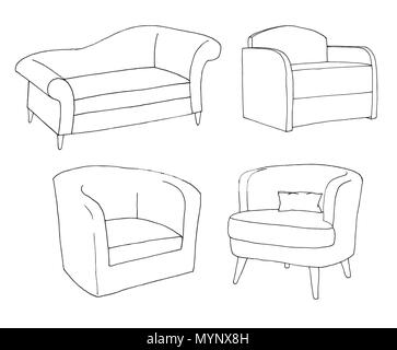 Set of different soft armchairs. Linear sketch. Vector illustration. Stock Vector