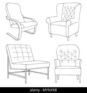 Set of different soft armchairs. Linear sketch. Vector illustration. Stock Vector