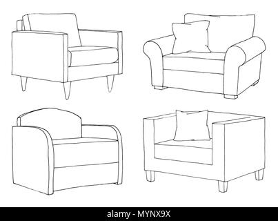 Set of different soft armchairs. Linear sketch. Vector illustration. Stock Vector