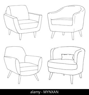 Set of different soft armchairs. Linear sketch. Vector illustration. Stock Vector