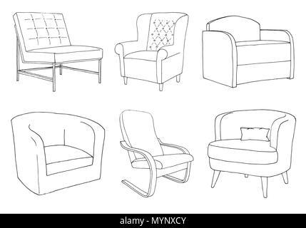 Set of different soft armchairs. Linear sketch. Vector illustration. Stock Vector