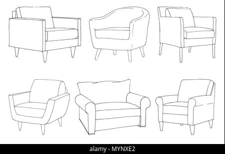 Set of different soft armchairs. Linear sketch. Vector illustration. Stock Vector