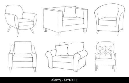 Set of different soft armchairs. Linear sketch. Vector illustration. Stock Vector