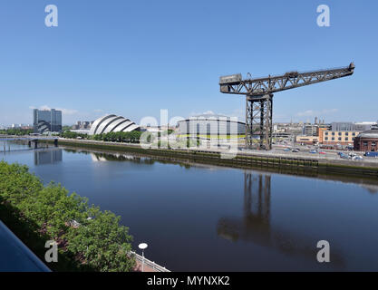 View looking down the River Clyde to the Finnieston Crane and the SEC Armadillo. Stock Photo