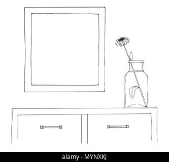 Sketch of the interior. A table, a bedside table, a shelf with various interior items. Can be used as a mock up. Frame for your graphics. Stock Vector