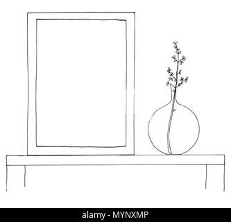 Sketch of the interior. A table, a bedside table, a shelf with various interior items. Can be used as a mock up. Frame for your graphics. Stock Vector