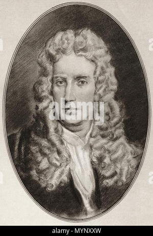 Sir Isaac Newton, 1642 – 1726/27. English mathematician, astronomer, theologian, author, physicist and natural philosopher.  Illustration by Gordon Ross, American artist and illustrator (1873-1946), from Living Biographies of Famous Men. Stock Photo