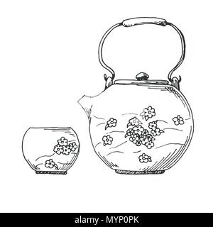 Sketch traditional Asian tea set. Vector illustration Stock Vector