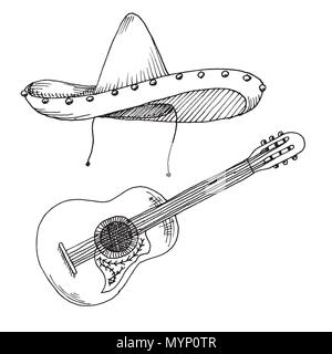 Sketch of sombrero and guitar isolated on white background. Vector. Stock Vector