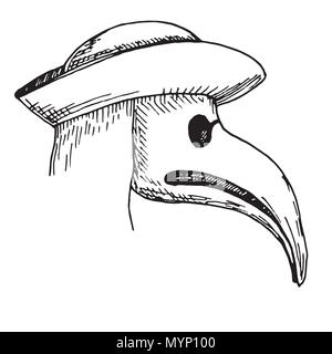 Sketch plague doctor head profile, with bird mask and hat. Stock Vector