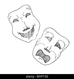 Sketch of theatrical masks. Tragedy and comedy. Vector Stock Vector