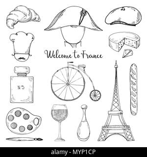 Set of elements of French culture. Welcome to France. Vector illustration in sketch style. Stock Vector