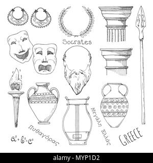 Set of elements of Greek culture. Welcome to Greece. Vector illustration in sketch style. Stock Vector