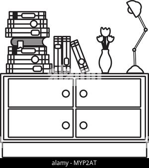 line books with flowers vase and lamp in the dresser Stock Vector