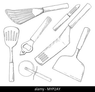 Set of different kitchen accessories. Vector illustration in sketch style Stock Vector