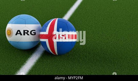 Argentina vs. Island Soccer Match - Soccer balls in Argentinias and Islands national colors on a soccer field. Copy space on the right side - 3D R Stock Photo