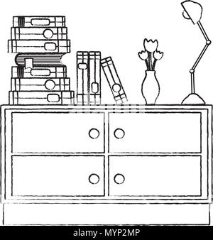 grunge books with flowers vase and lamp in the dresser Stock Vector