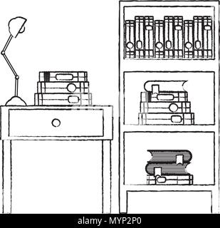 grunge books and lamp in the table end with bookcase Stock Vector