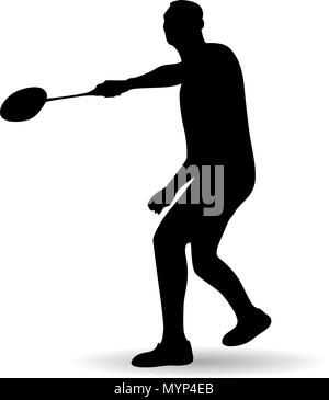 Young man playing badminton silhouette vector illustration Stock Vector
