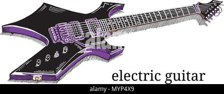 Close up of lying black electric guitar isolated on white background. Hand drawn sketchy style vector illustration. Heavy metal, rock music, concert, festival. Stock Vector