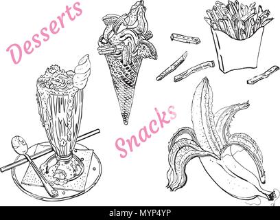 Snacks and desserts: milk shake, ice cream, banana, french fries. Line art, outline, coloring page isolated on white background. Hand drawn vintage engraving sketchy style vector illustration. Stock Vector
