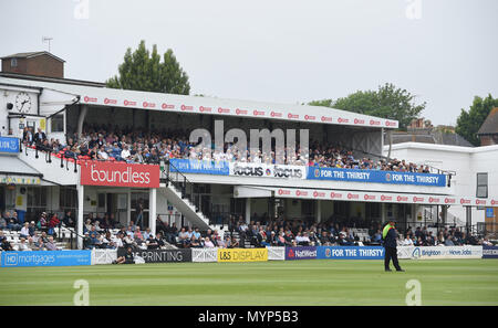 A large crowd at the 50 over cricket tour match between Sussex and Australia at The 1st Central County Ground in Hove. 07 June 2018 Stock Photo