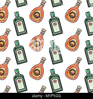 doodle hard liquor and wiskey bottle background Stock Vector