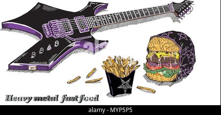 Heavy metal fast food: black electric guitar, french fries, evil burger in wrap with pentagram isolated on white. Hand drawn sketchy style vector illustration. Rock music festival concert poster. Stock Vector