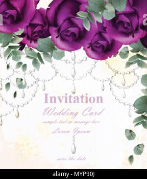 Wedding invitation card with purple violet roses and precious stones Stock Vector