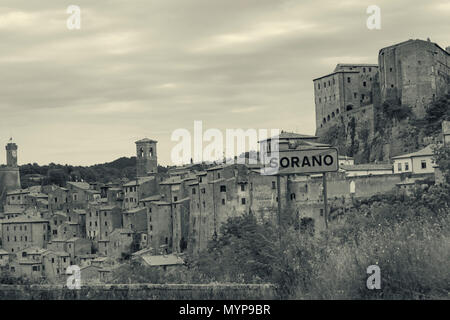 ancient medieval hill town Sorano, Tuscany,  Italy in May - split toned Stock Photo