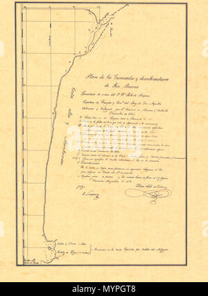 . Español: Plano del primer levantamiento hidrográfico efectuado por la Marina de Chile en 1834. 28 December 1834. Mariam 456 Riobueno1834 Stock Photo