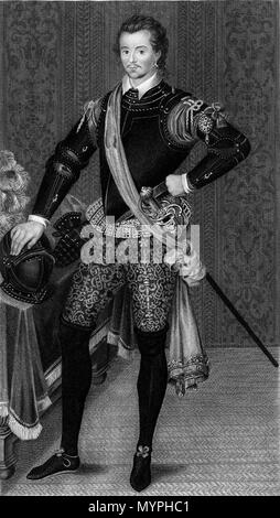 . Depicted person: Robert Dudley English: Sir Robert Dudley (1574–1649), English explorer and cartographer 1590s; engraving from a portrait by Nicholas Hilliard. 457 Robert Dudley, styled Earl of Warwick Stock Photo