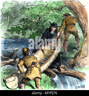 French missionary and fur traders carrying a canoe at a portage in North America. Hand-colored woodcut Stock Photo