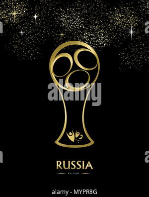Soccer award for special football match. Russia text quote and gold illustration with fireworks background. EPS10 vector. Stock Vector