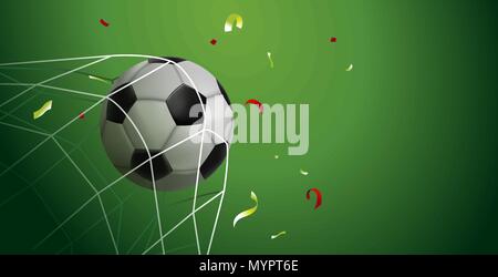 Soccer match web banner for special sport game event. Football ball scoring goal with confetti celebration and copy space background. EPS10 vector. Stock Vector