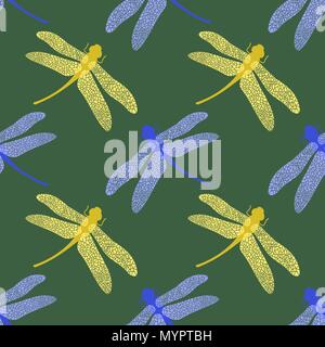 Colorful Stilized Dragonfly on Green Background. Insect Logo Design. Aeschna Viridls Stock Vector