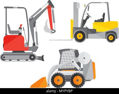 Schematic illustration of two mini tractors or excavators and one mini forklift truck Stock Vector