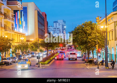 Guayaquil, Ecuador - April 15, 2016: Night view at the traffic a on the street leading to monument to the Ecuador independence heroes in Guayaquil, Ec Stock Photo