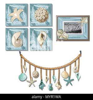 The set of murals and paintings with exotic seashells and clams and the interior elements on the marine theme isolated on white background. Vector cartoon close-up illustration. Stock Vector
